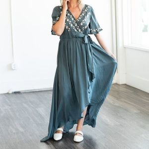 Blue Floral Embroidered High Low Dress